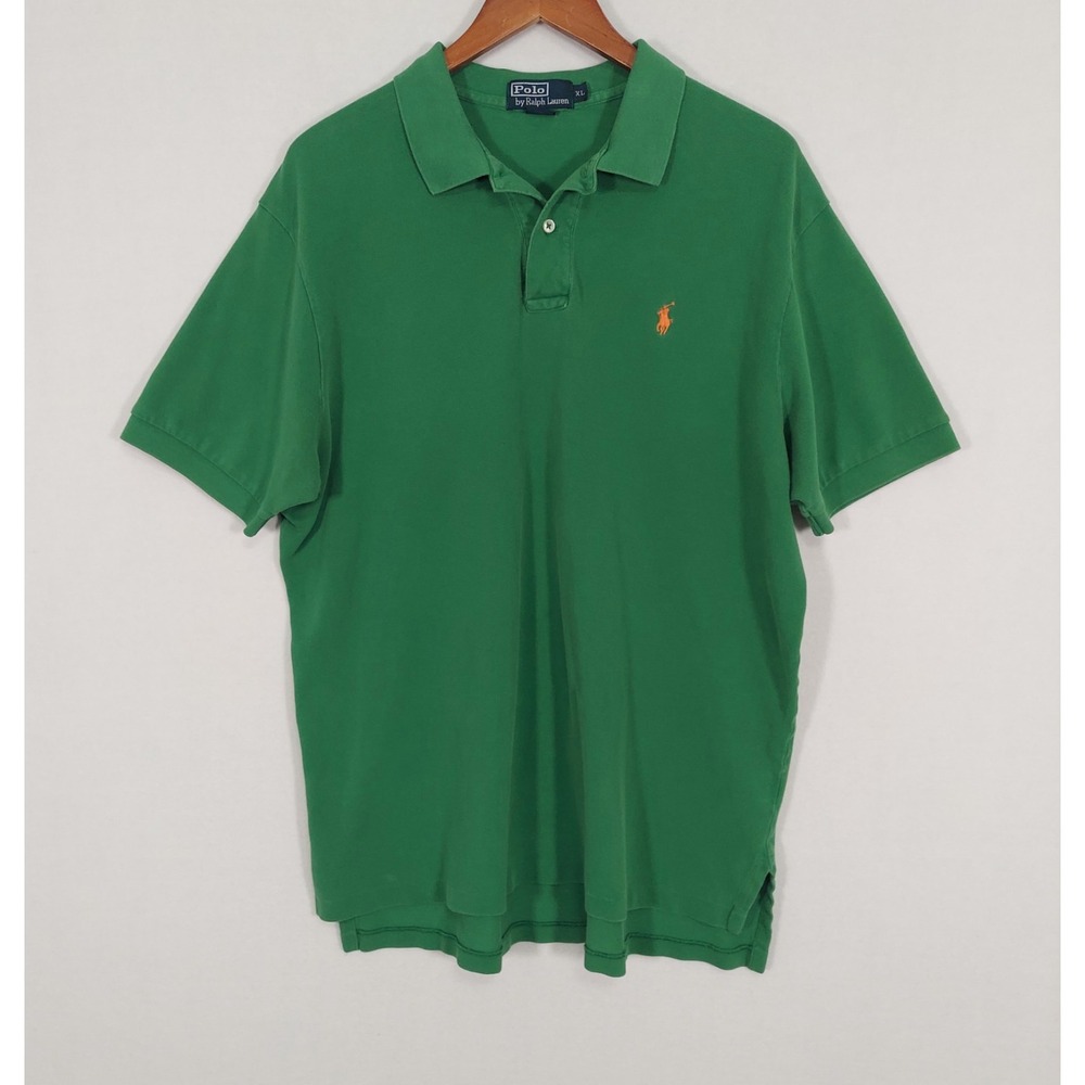 Polo Ralph Lauren Mens XL Green Polo Shirt Orange Pony Logo Pique Short Sleeve